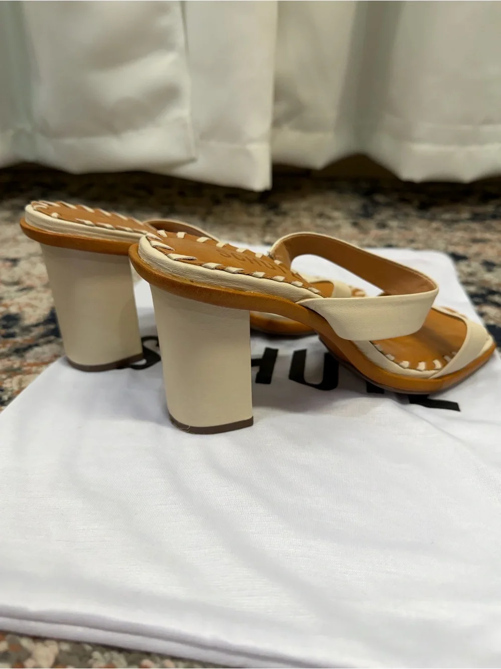 SCHUTZ Cream Leather Whipstitch Square Toe Block Heel Sandals Size 6